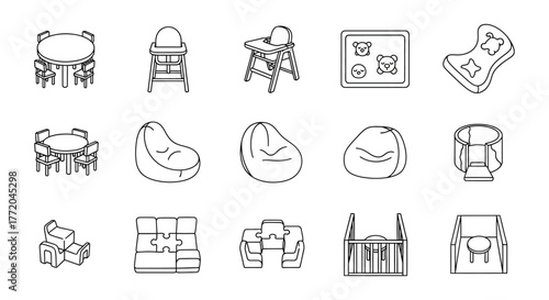 kids playroom furniture depicting tables chairs and beanbags in a kindergarten interior ideal for illustrating early learning spaces and design solutions.