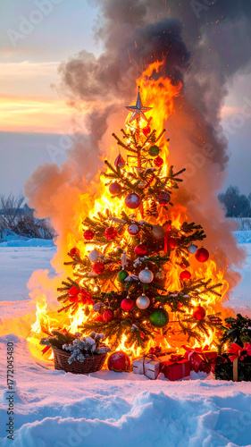 A Christmas tree decorated with festive ornaments engulfed in flames, creating a dramatic contrast between holiday cheer and destructive fire. A striking, symbolic scene of chaos and beauty.