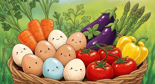 Basket of Cute Eggs and Fresh Vegetables Illustration.