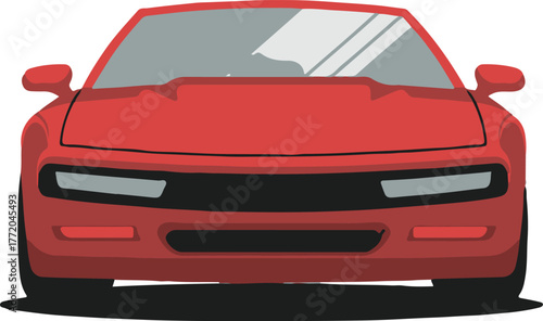 car front view red sports coupe with hood vents and wide grille