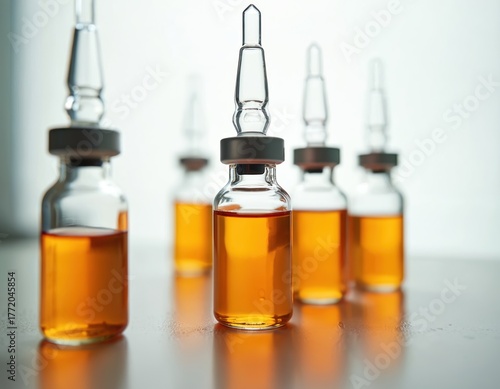 Vitamin B12 injection ampoules in row. Injectable solution vials to supplement B12 vitamin deficiency. Close up liquid medicine vials for treatment. Remedy for healthcare. Pharmaceutical product at
