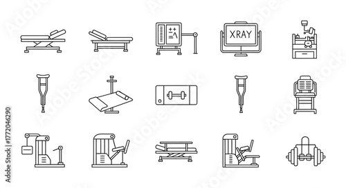 Medical equipment icons linear set showcasing physiotherapy rehabilitation tools  devices used in healthcare facilities for wellness recovery  therapy