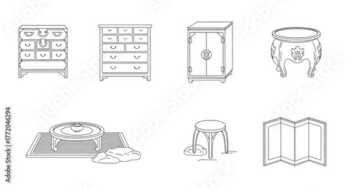 korean antique furniture line art icons dresser cabinet table and folding screen showcasing traditional korean design elements for interior decorating.
