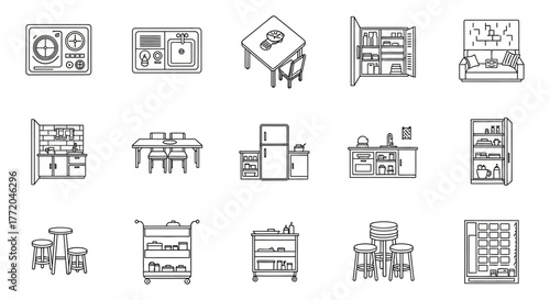 Kitchen furniture line icons stove sink table and chair cupboard sofa cabinets dining table fridge counter stools cart and vending machine.