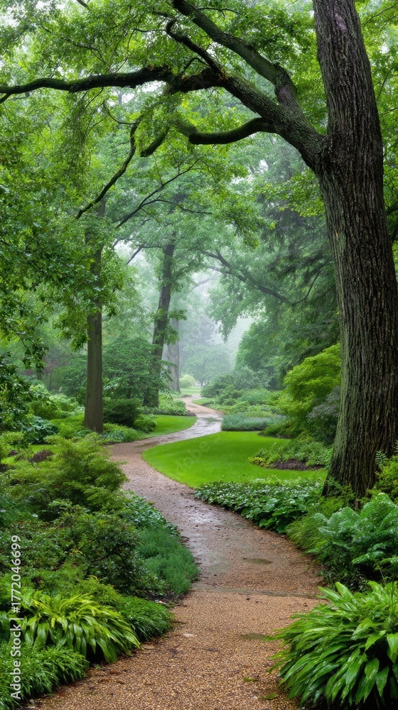 Naklejka premium Winding path through a lush, green garden.