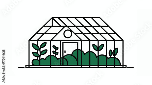 Lush greenery thrives inside a modern, transparent greenhouse structure.