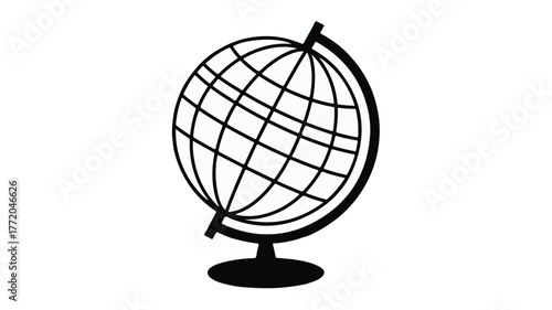 Simple black and white illustration of a globe on a stand, representing global connection and knowledge.