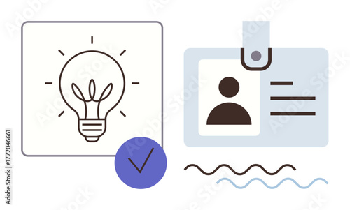 Lightbulb sketch for ideas with a check mark and ID badge with photo and details. Ideal for innovation, validation, identity, brainstorming, permission, teamwork, verification, simple flat metaphor