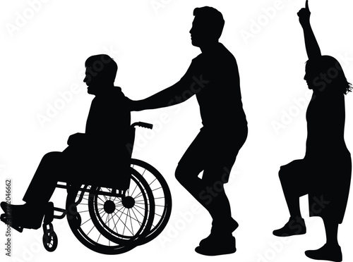 Flat vector silhouette of caregiver pushing wheelchair with celebrating person, disability support, inclusive teamwork, empowerment and mobility assistance