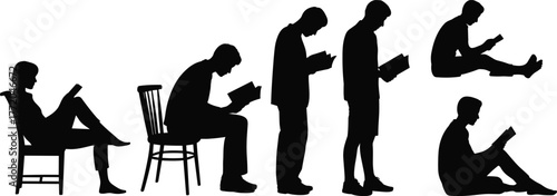 Flat vector silhouette of people reading books in various seated positions, education, relaxation, learning, posture diversity, study and literacy concept