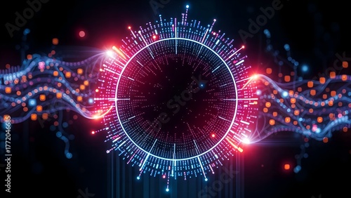 circle swirling virtual teleportation portal gate with energy wave dan glowing data matrix