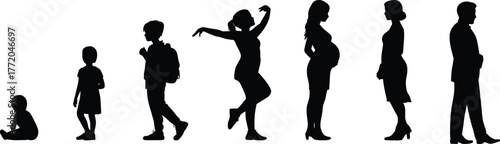 Flat vector silhouette showing human life stages from infancy to old age, growth, development, aging, evolution, identity and family concept