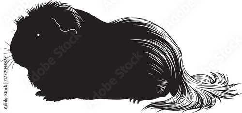 Adorable fluffy black guinea pig with long hair sitting still captured in a detailed artistic depiction ready for your creative projects