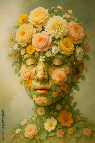 Floral Embrace: A captivating human form emerges from nature's bloom, its features adorned with delicate blossoms. A tribute to the exquisite beauty and harmony of botanical artistry.