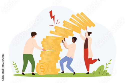 Three people try to stabilize a toppling stack of gold coins, symbolizing financial risk, economic instability, and inflation crisis in a flat isolated vector illustration