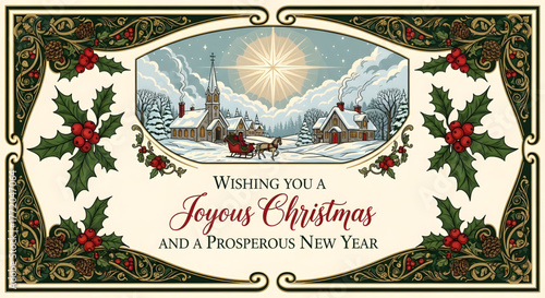 Vintage Christmas greeting card with a snowy village and holly border.