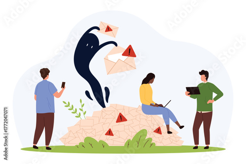 Three people surrounded by warning envelopes and a dark spam figure symbolizing email overload, digital security risks, and cyber threats isolated vector illustration