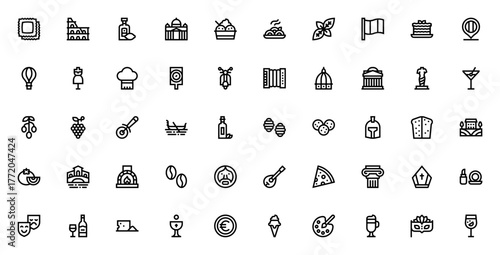 Italy themed vector icon set. Minimalist travel symbls including Ravioli, Coloseum, Vespa, Pizza, Gondol, Venice, Flag and more. Eitable stroke illustration