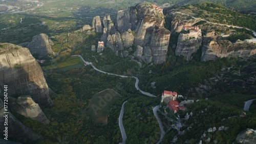 High Aerial View of Meteora Monasteries and Rock Formations in Greece