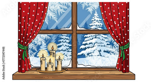 Cozy Christmas window scene with red polka dot curtains and candles.
