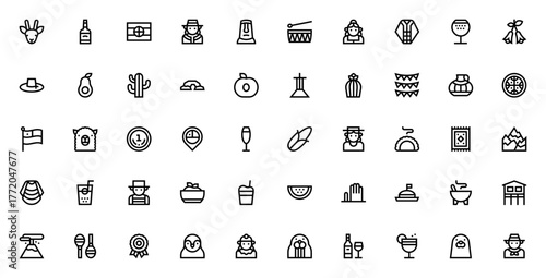 Chilean icon set. Vector illustration of Huemul, Moa, Poncho, Pisco, Alpaca, Mpuche, Volcano and other ntional symbols. Editable sroke design.