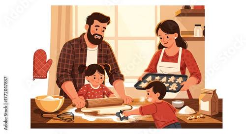 Happy family of four baking cookies together in the kitchen.