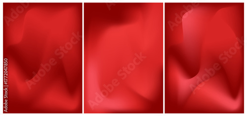 Bright abstract red gradient texture backgrounds set. Blurred bg with silk or satin effect, grainy noise texture backdrop poster banner, vector. Festive template.