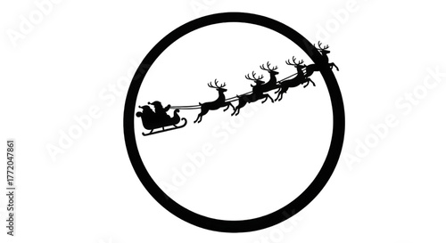 Silhouette of Santa Claus riding his sleigh with reindeer in a circle frame.