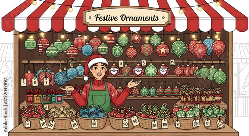 Cheerful female vendor selling beautiful Christmas ornaments at a market stall.