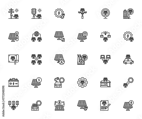 Solar Technology icon set. Vector illustration. Incldes symbols for solar pane, energy, sun, battery, chrging, electric car, house factory and more. Editabl stroke.