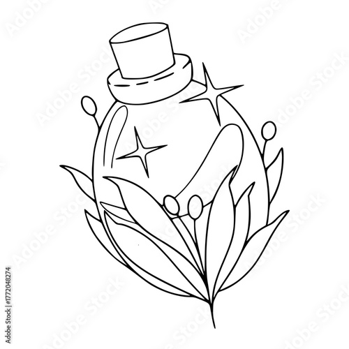 mystical potion bottle with top hat and botanical elements