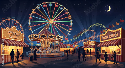 Vibrant Amusement Park Illuminated by Colorful Lights at Night.