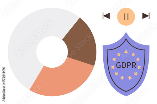 GDPR shield with stars and text, segmented pie chart, and media controls for privacy, data analysis, and regulation. Ideal for data security, compliance, analytics and privacy rights. Simple flat
