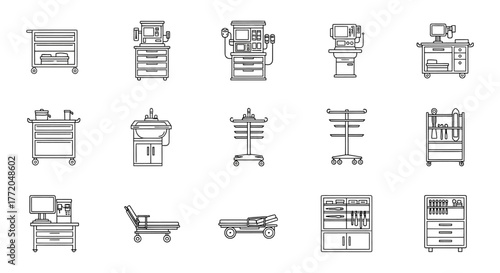 medical equipment representing hospital tools in a clean line art style ideal for healthcare design emphasizing precision and medical innovation