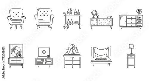 mid-century modern furniture stylish interior decor in a minimalist line art style perfect for design blogs and home renovation websites