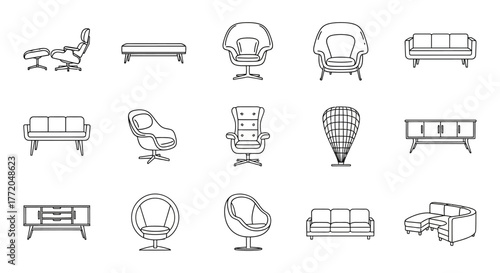 modern furniture line art icons sofas armchairs and cabinets isolated on white for interior design and home decor product catalog layouts