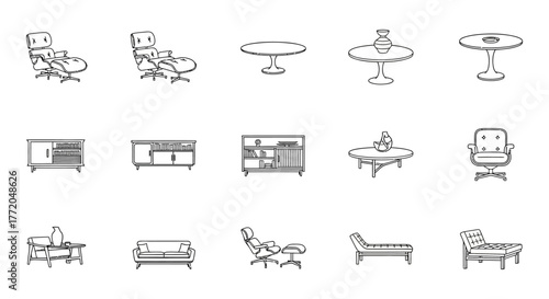 mid-century modern furniture icons a stylish outline of classic chair table and storage designs showcasing retro interior design elements ideal for home decor blogs