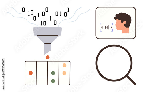Data filter converting binary into meaningful insights, voice recognition profile, and magnifying glass. Ideal for AI, machine learning, data analysis, research, innovation, technology simple flat