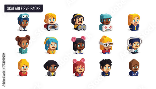 Collection of pixelated cartoon characters with various hairstyles and expressions, in a row.