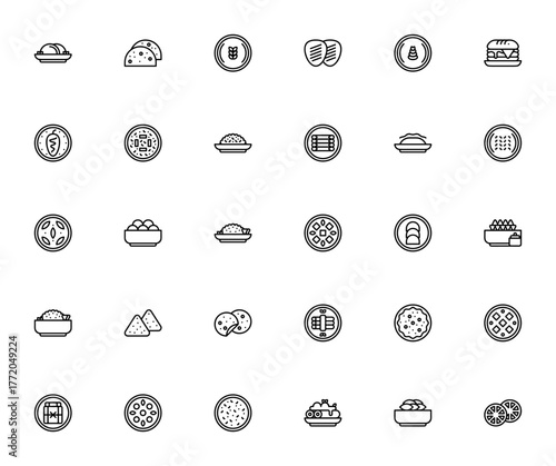 Mexican Food icon set. Vector illustration. IncludesTacos, Nachos, Enchilada, amale, Soup, Chili, Cactusand more. Editable stroke.
