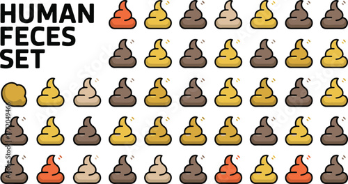Comprehensive human feces set diverse colors shapes textures medical health symbolism