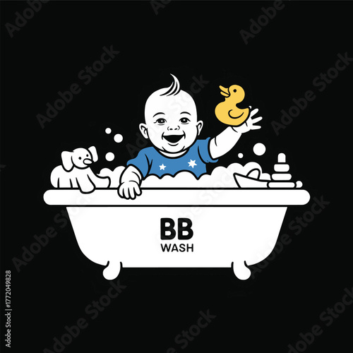 Happy baby bathtime fun with rubber duck and toys in tub