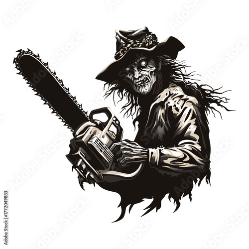 Old ugly witch with a chainsaw vector clipart, logo, icon