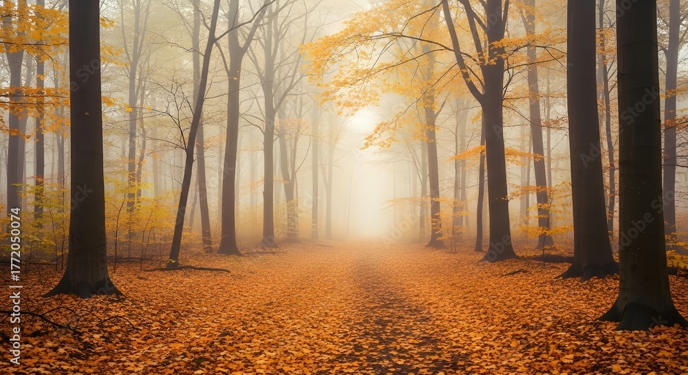 Fototapeta premium Misty Autumn Forest Path at Dawn