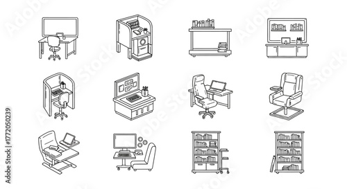 office furniture icons work spaces for collaboration ergonomic designs and comfortable seating solutions perfect for business interiors layouts