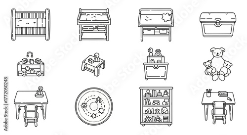nursery furniture icons a collection of essential baby room furnishings perfect for decorating childrens spaces and illustrating childcare concepts