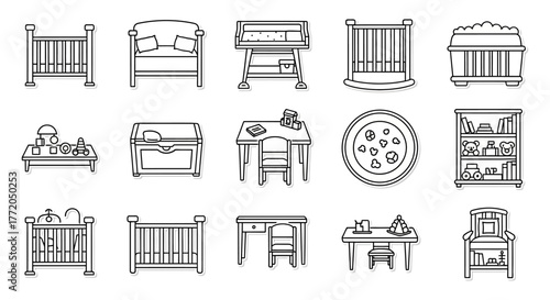 nursery furniture icons featuring cribs changing tables and toy storage depicting childhood and a babys room ideal for parenting blogs and kids catalogs