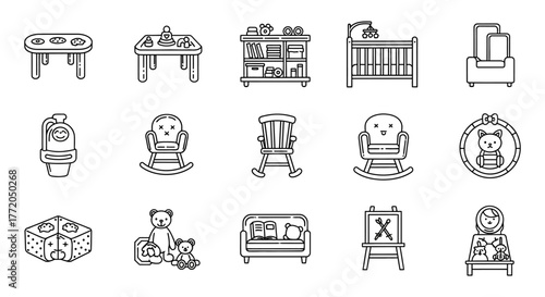 nursery icons baby room furniture and toys for children symbolizing care and childhood for decoration projects and parenting resources