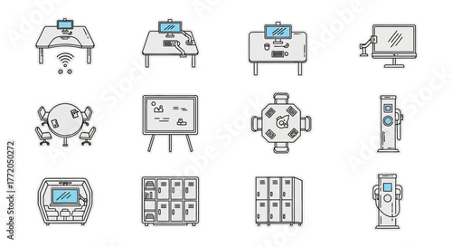 Office amenities illustration focus pods and collaborative spaces for modern workspaces offering convenience and promoting productivity in innovative environments