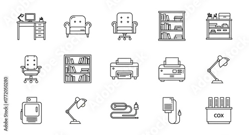 office furniture desk chair bookcase and printer illustrations for interior design projects highlighting essential home office setup clean lines